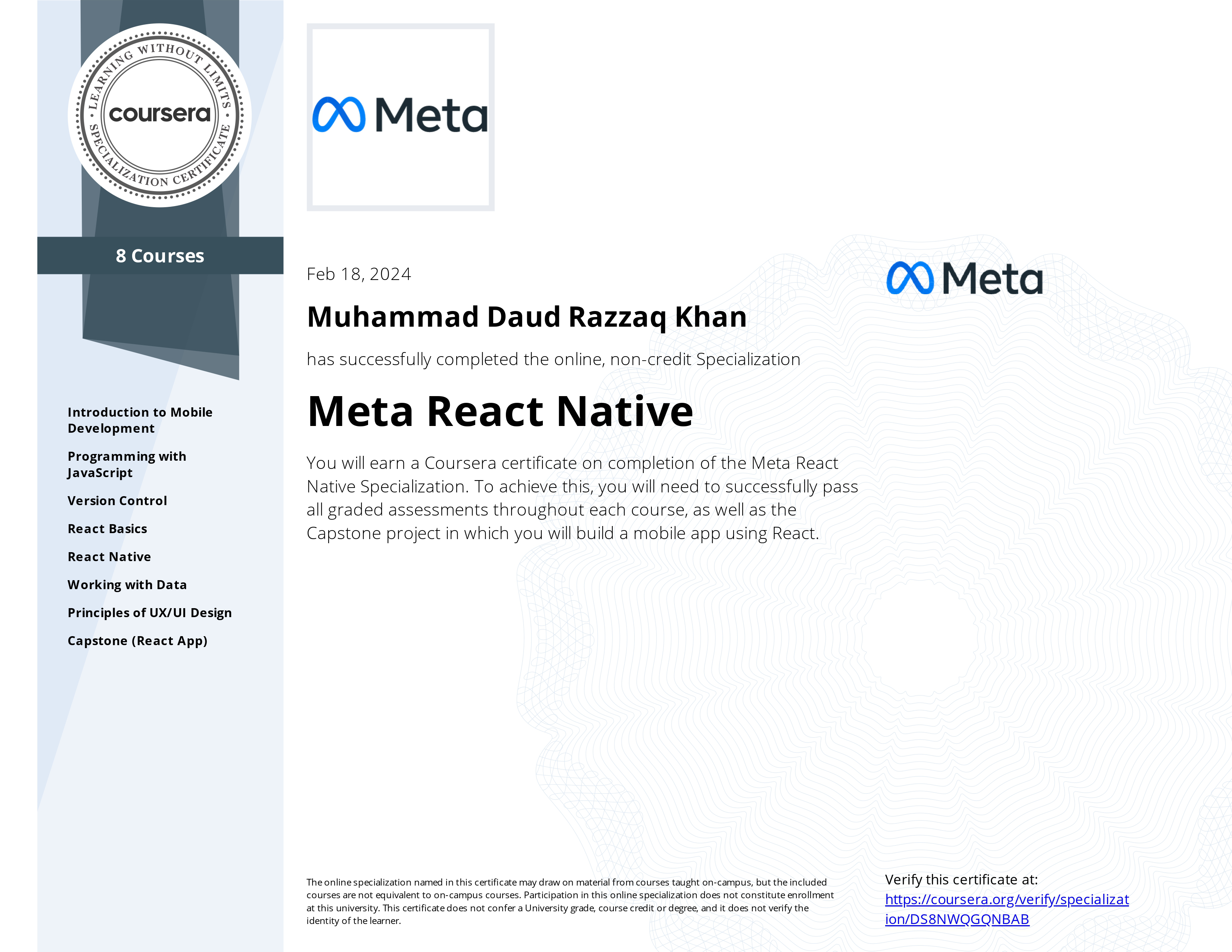 React Native Specialization Certificate